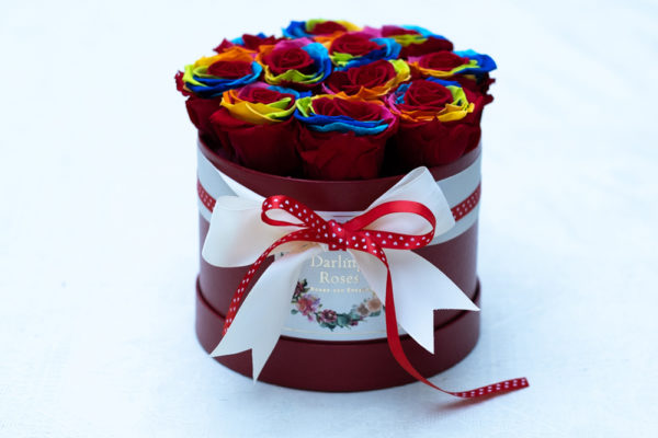 Rosas preservadas de color arcoíris en caja redonda un regalo LGBT original para esa personas especial, con entrega gratuita en Sevilla y peninsula española.